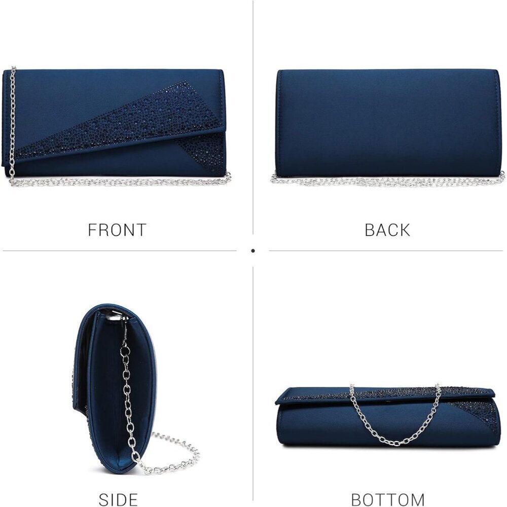 Women's Navy Satin Rhinestone Evening Clutch Bag Sparkle Glitter Purse - Picture 3 of 7